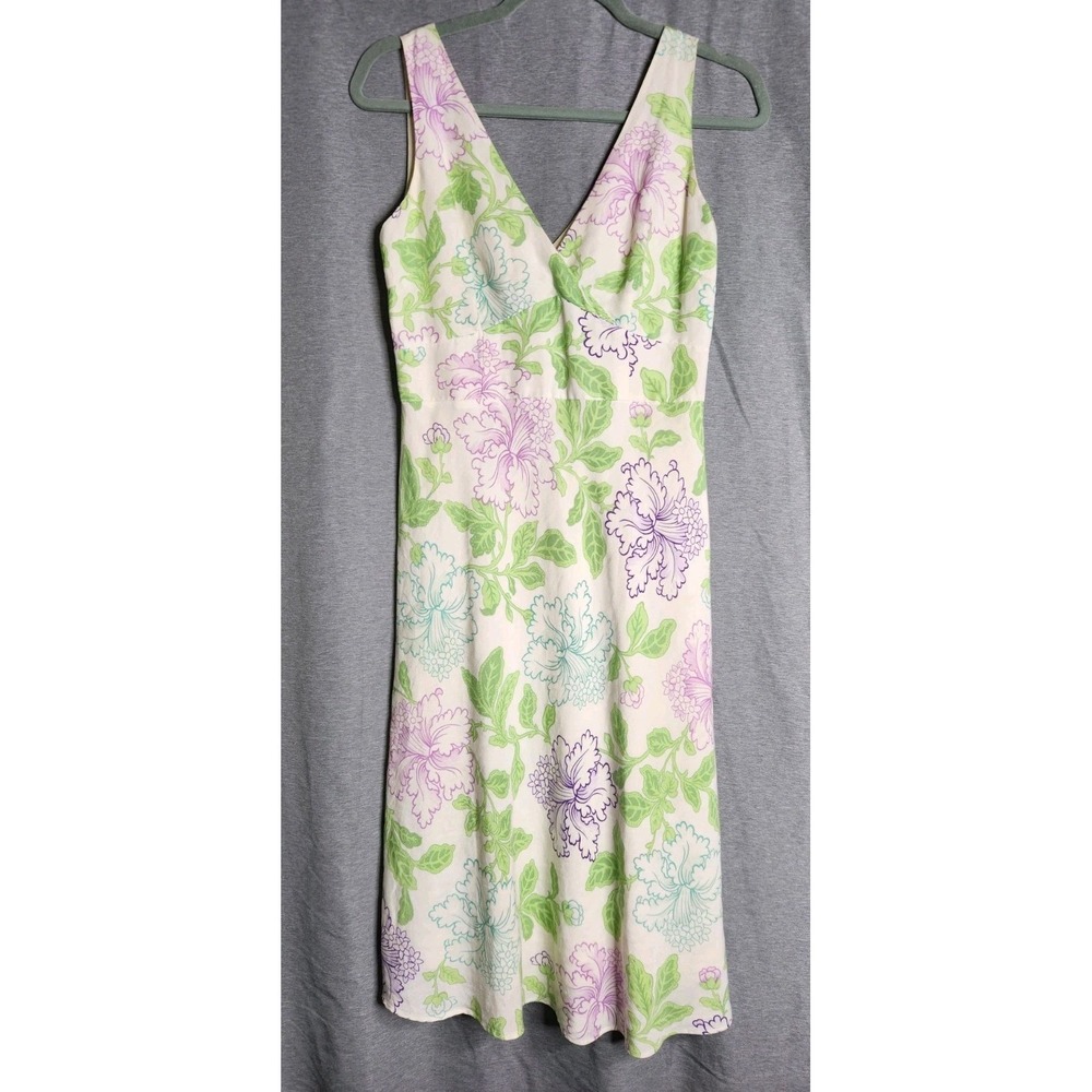Ann Taylor LOFT Linen Blend Floral V-Neck Midi Dress White Green Purple Sz 2